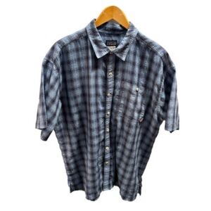 Patagonia Seersucker Blue Plaid Checkered Short Sleeve Button Down Shirt Size L
